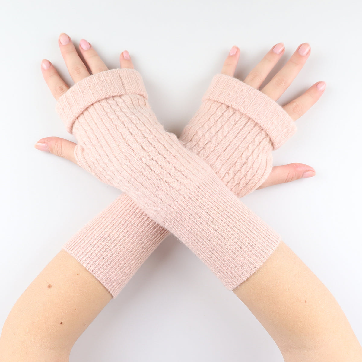 Pale Pink Textured Knit Fingerless Gloves