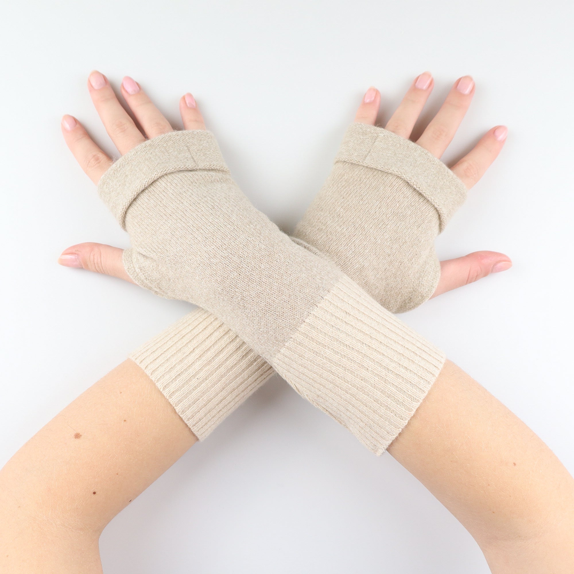 Fawn and Beige Patterned Fingerless Gloves