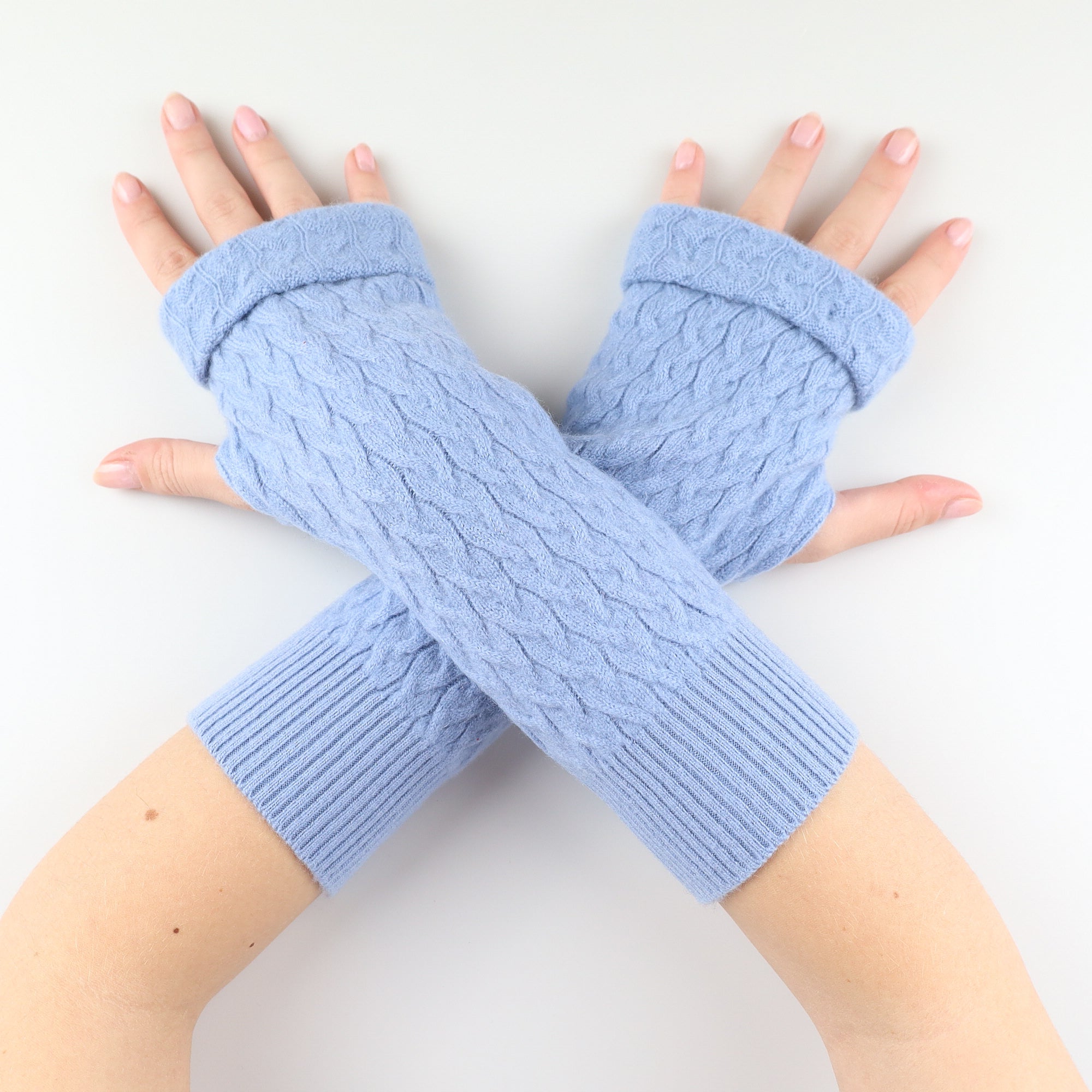Ice Blue Textured Knit Fingerless Gloves