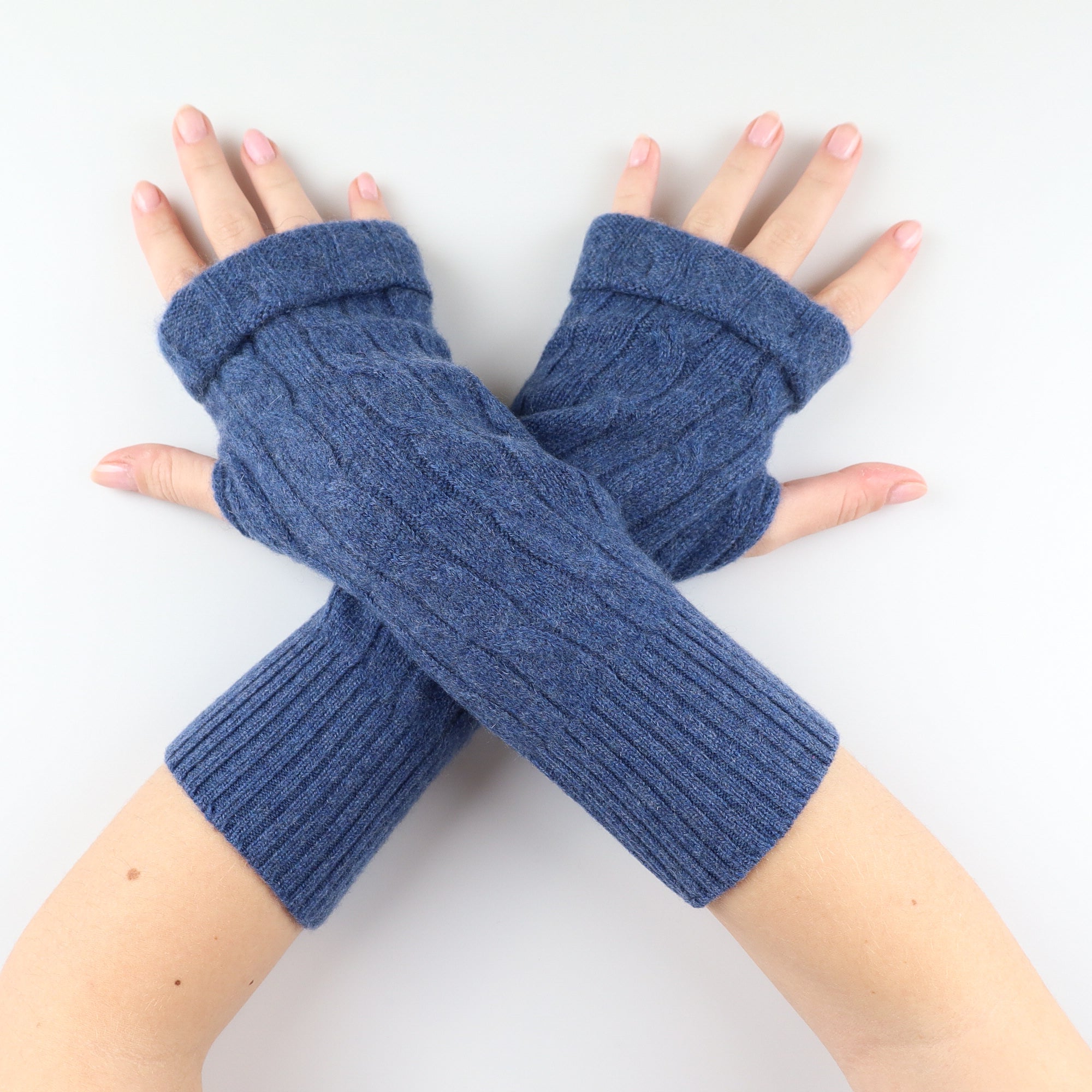 Midnight Blue Cable Knit Fingerless Gloves