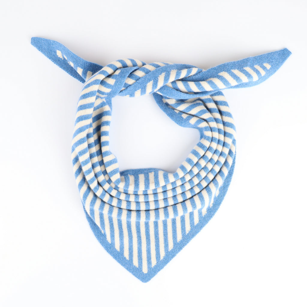 Brand New Mediterranean Blue Striped Recycled Cashmere Triangle Scarf