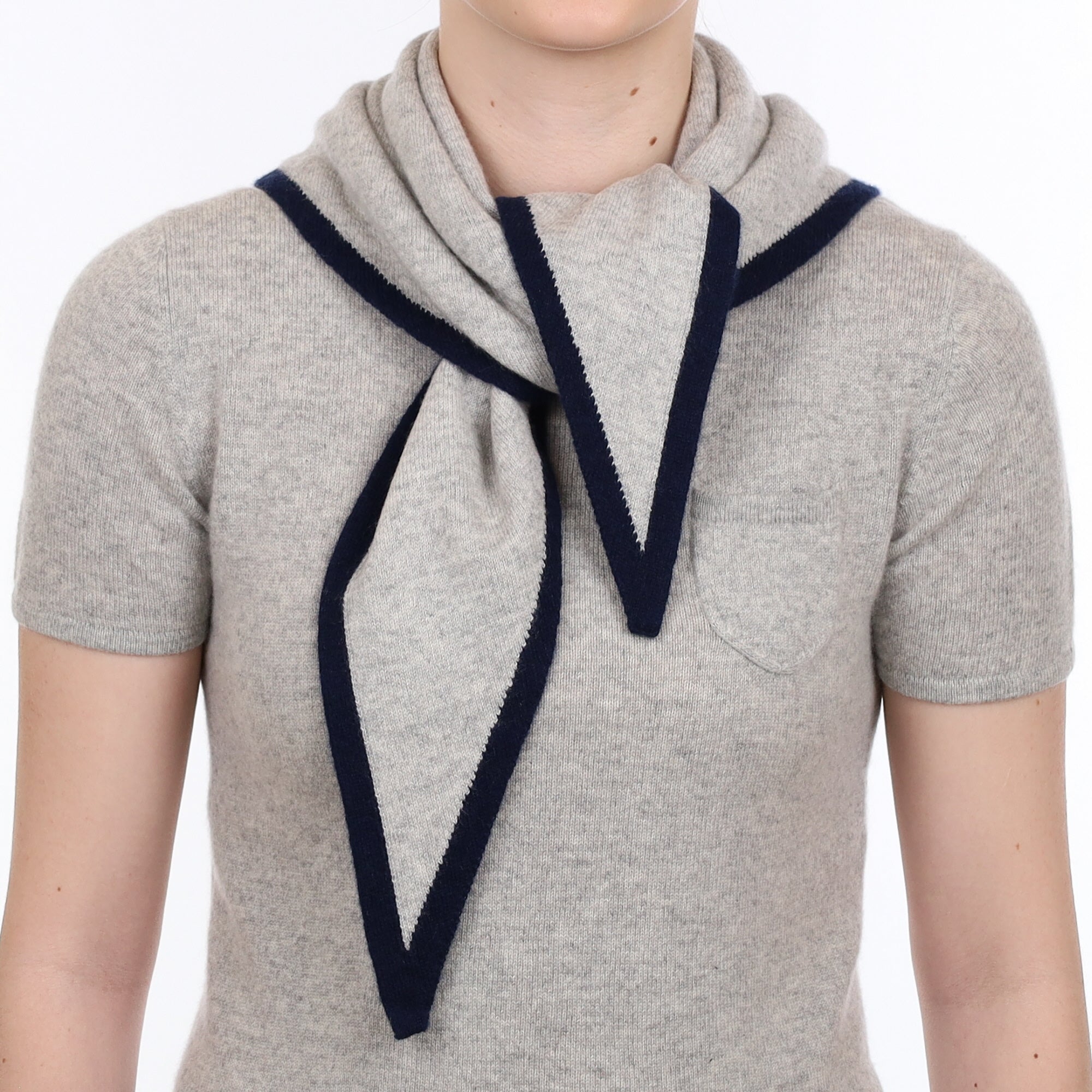 Brand New Mist Grey and Navy Recycled Cashmere Triangle Scarf