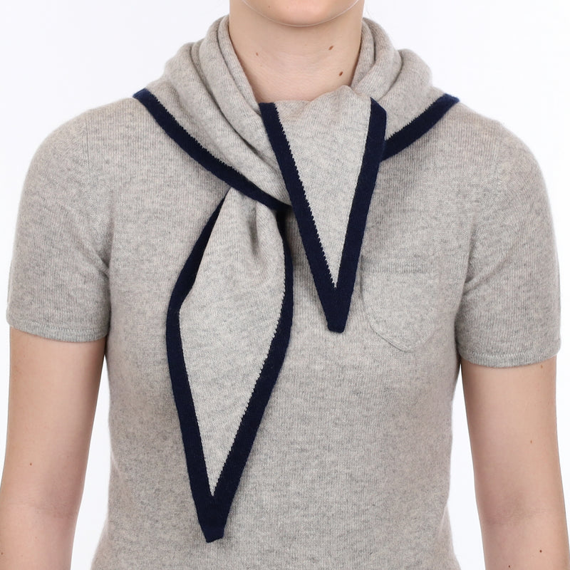 Brand New Mist Grey and Navy Recycled Cashmere Triangle Scarf