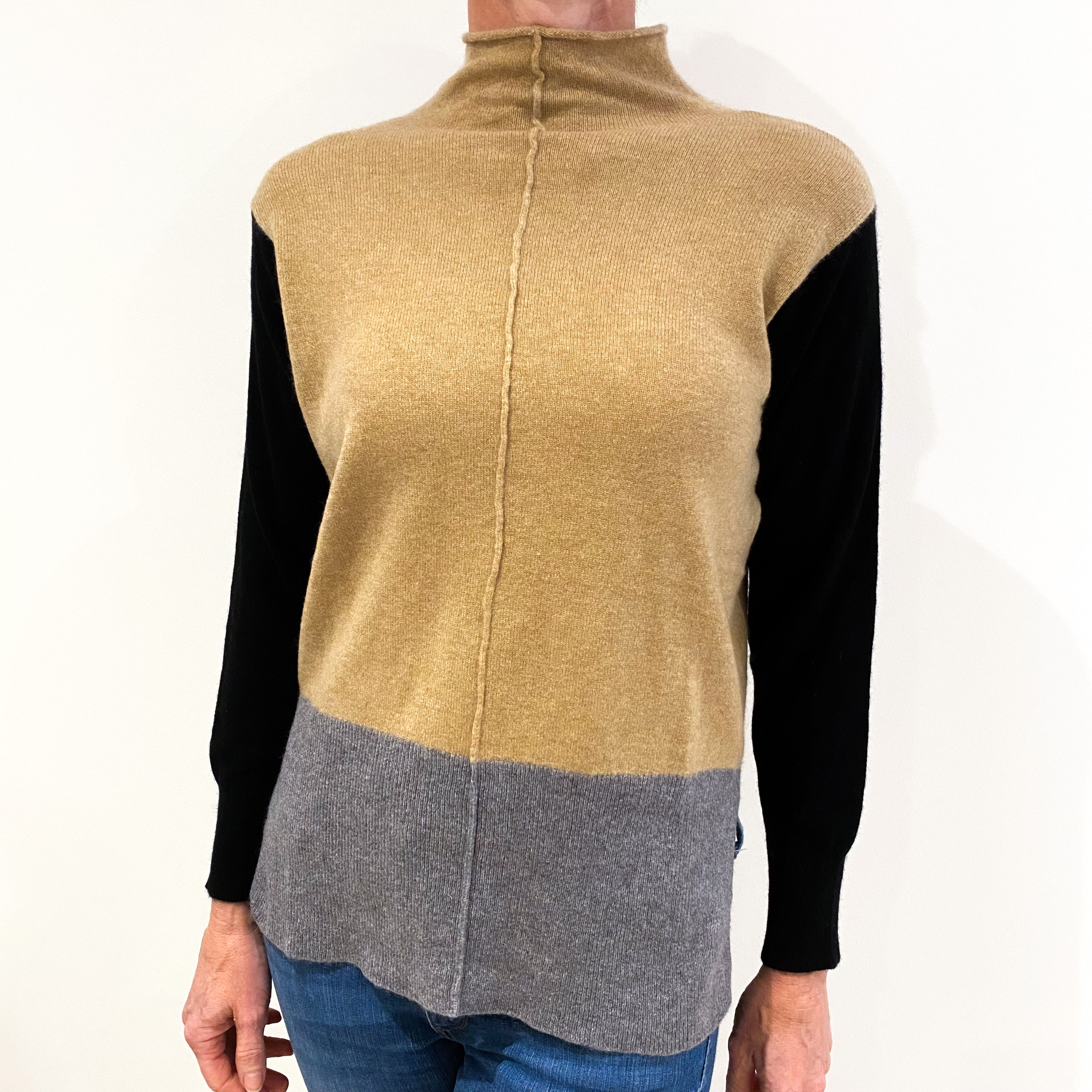 Black, Brown and Grey Colour Block Cashmere Polo Neck Jumper Small