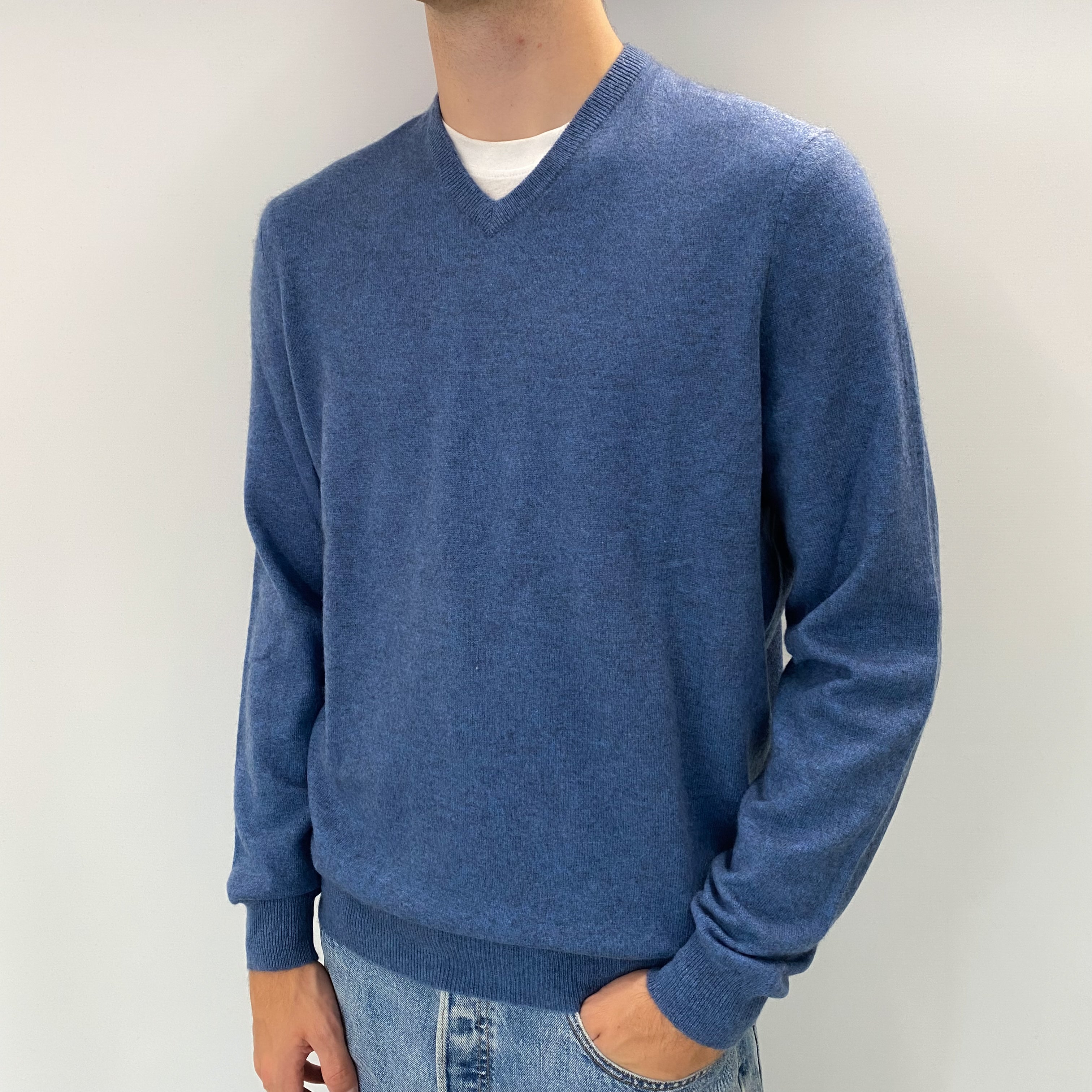 Men's Airforce Blue Marl Cashmere V Neck Jumper Large