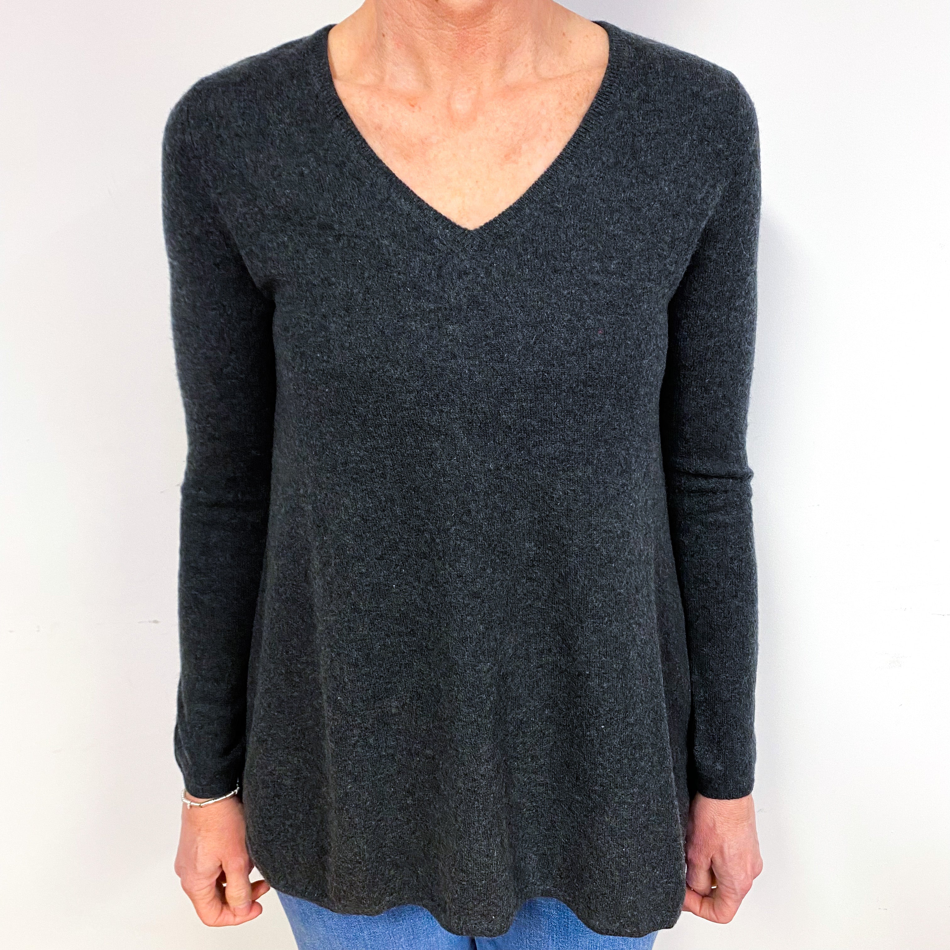 Slate Grey A-Line Cashmere V-Neck Jumper Medium