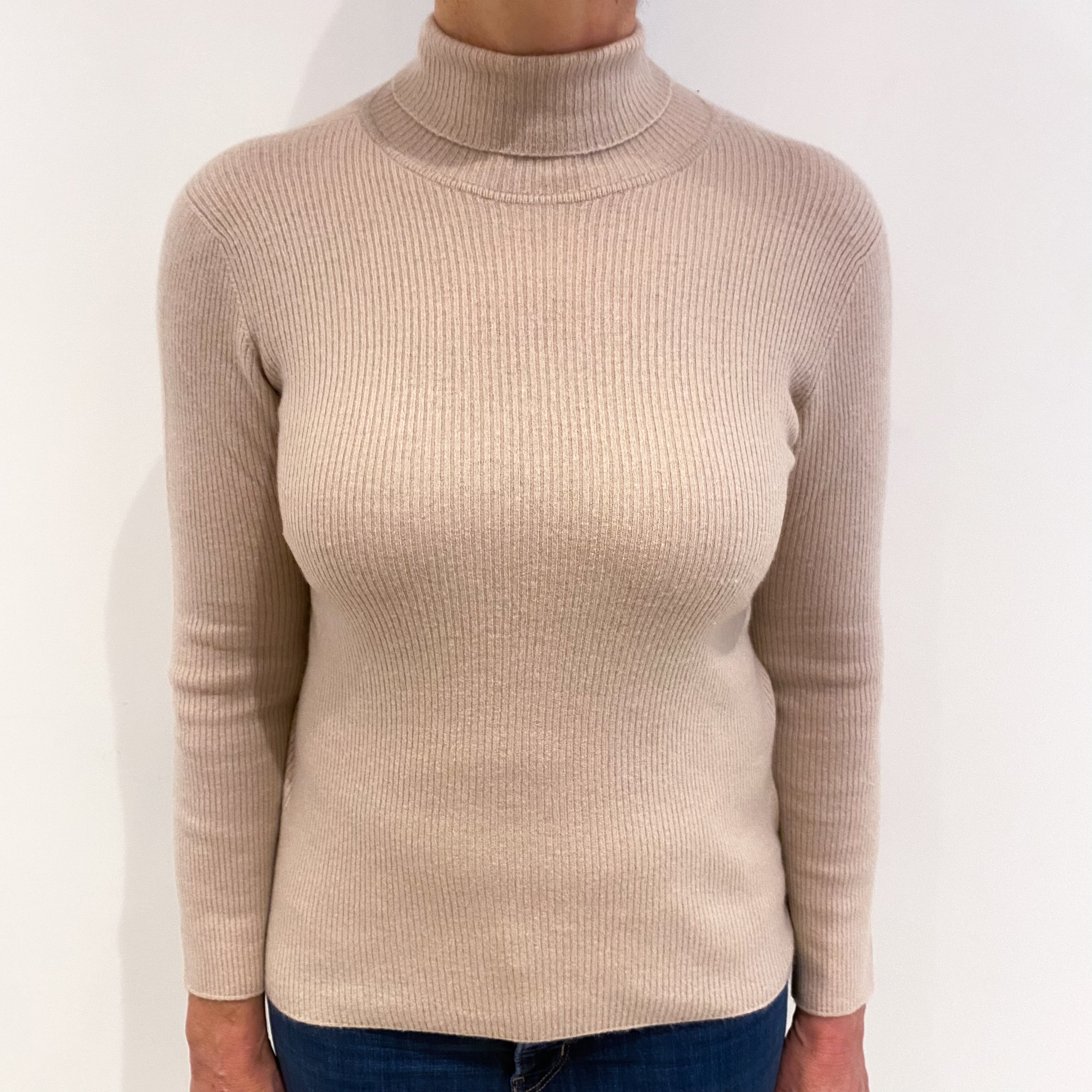 Pale Nude Pink Cashmere Polo Neck Ribbed Jumper Medium