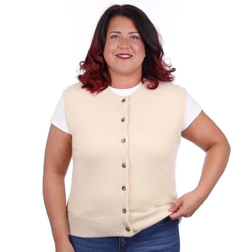 Brand New Vanilla Cream Luxury Cashmere Crew Neck Waistcoat Large UK 16-18