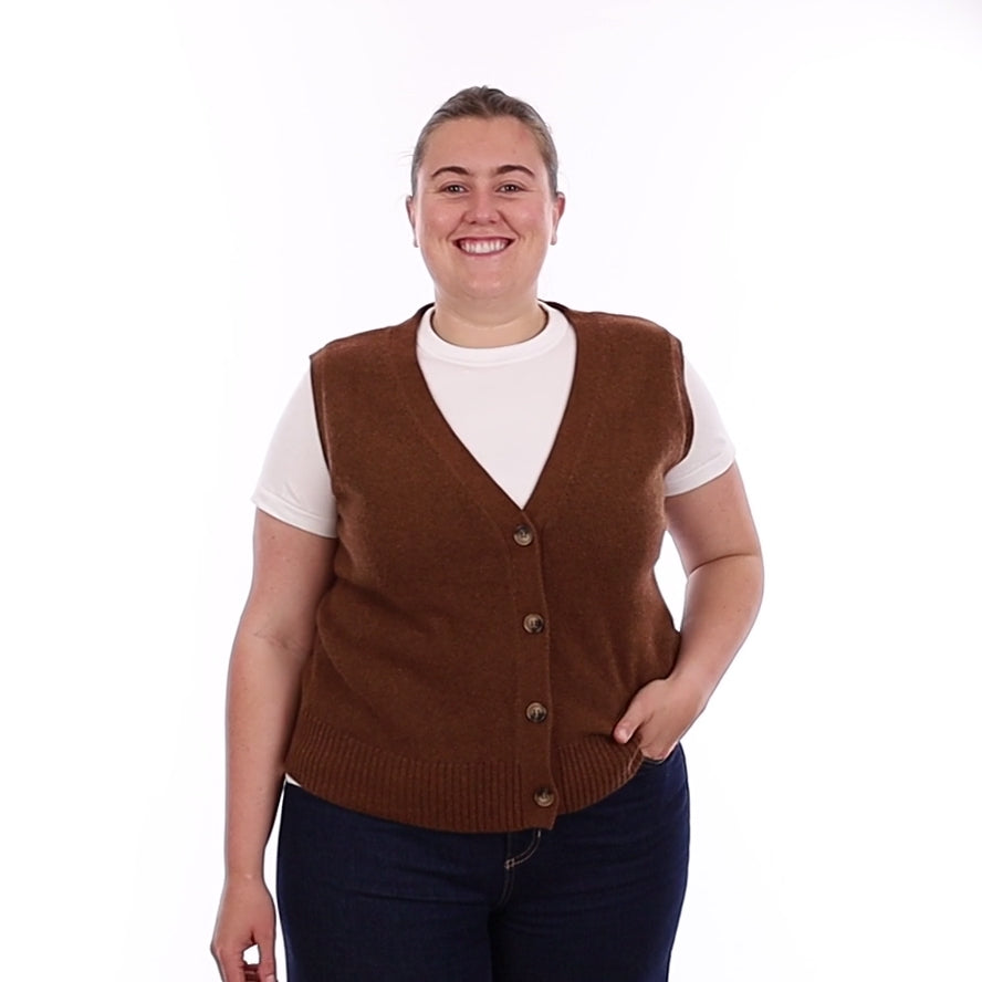 Brand New Chestnut Brown Luxury Cashmere V Neck Waistcoat Large UK 16-18
