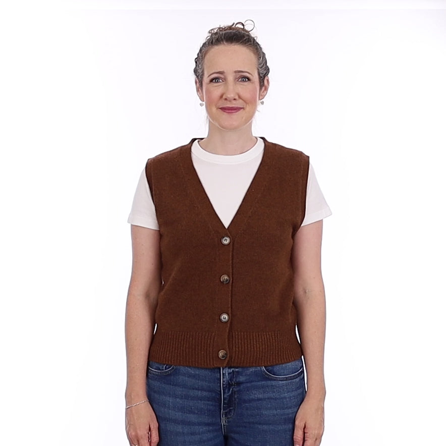 Brand New Chestnut Brown Luxury Cashmere V Neck Waistcoat Small UK 8-10