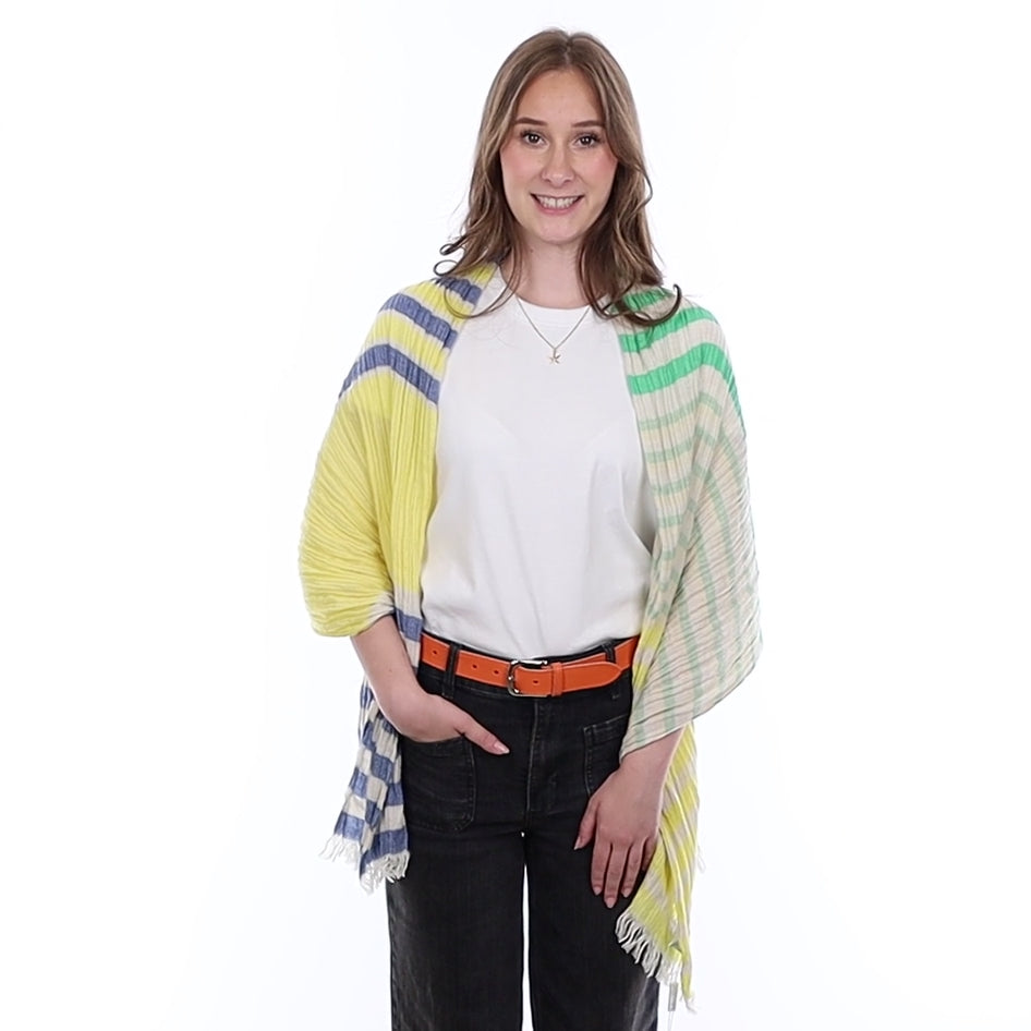 Brand New Scottish Primrose Jade and Denim Luxury Woven Cashmere Crinkle Wrap