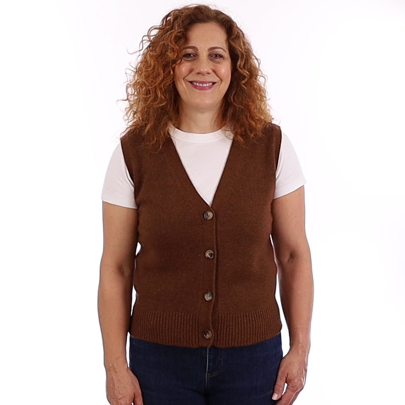 Brand New Chestnut Brown Luxury Cashmere V Neck Waistcoat Medium UK 12-14