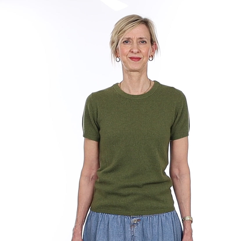 Brand New Olive Green Cashmere Crew Neck T-Shirt Extra Small UK 6-8