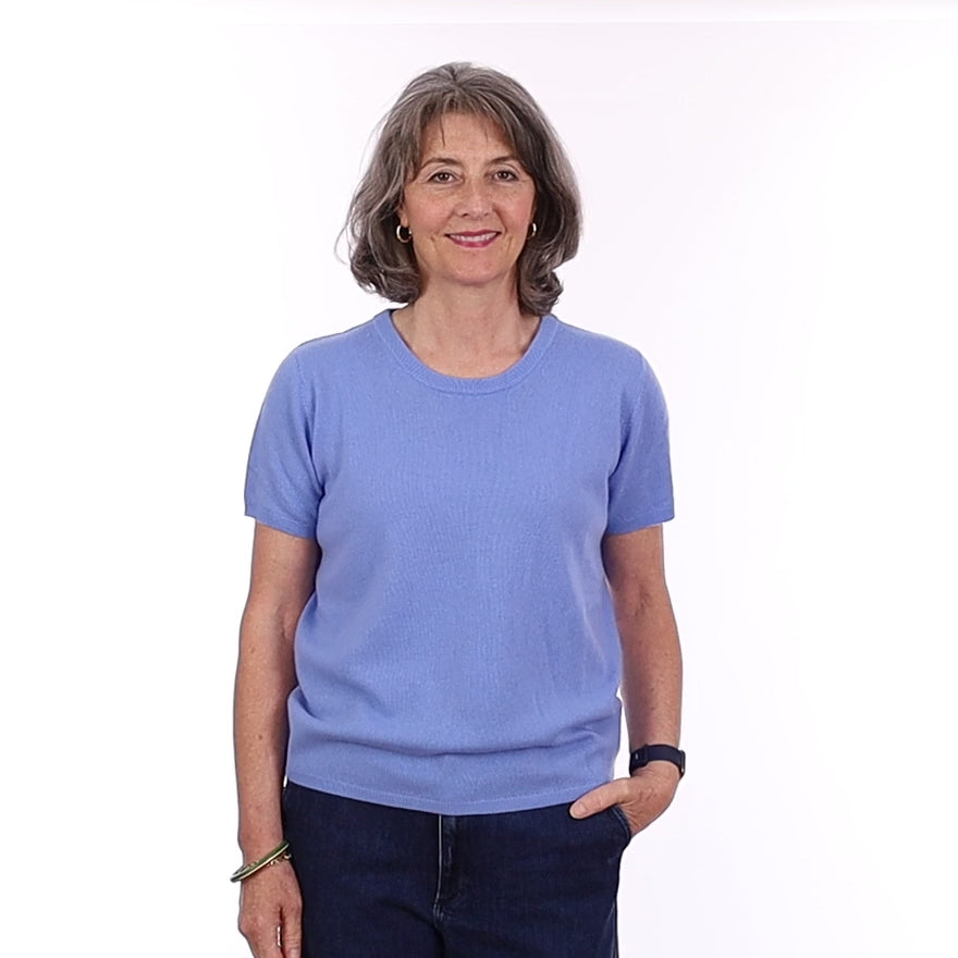 Brand New Cornflower Blue Cashmere Crew Neck T-Shirt Medium UK 12-14