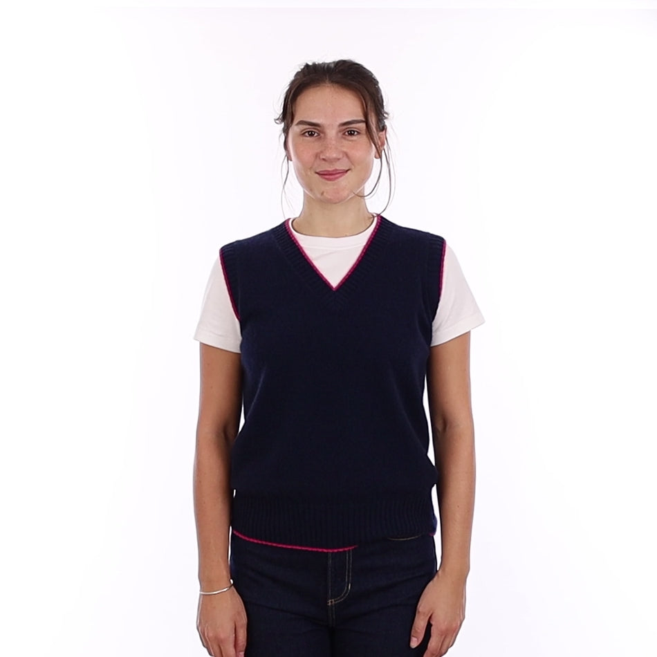 Brand New Navy and Hot Pink Cashmere V Neck Tank Top Medium UK 12-14