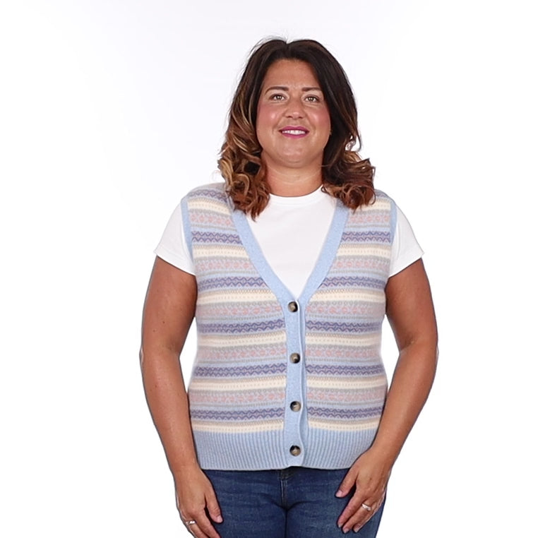 Brand New Baby Blue and Shell Pink Fair Isle Luxury Cashmere V Neck Waistcoat Large UK 16-18