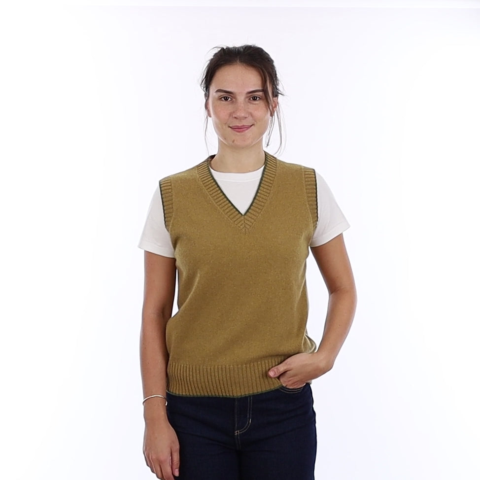 Brand New Mustard Gold and Olive Cashmere V Neck Tank Top Medium UK 12-14