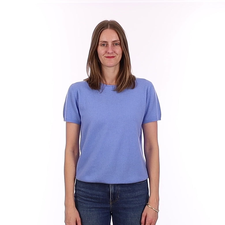 Brand New Cornflower Blue Cashmere Crew Neck T-Shirt Small UK 8-10
