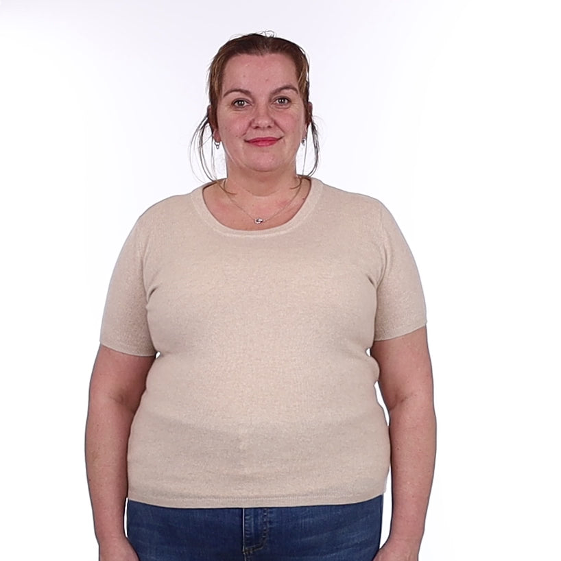 Brand New Sand Beige Cashmere Crew Neck T-Shirt Extra Large UK 20-22