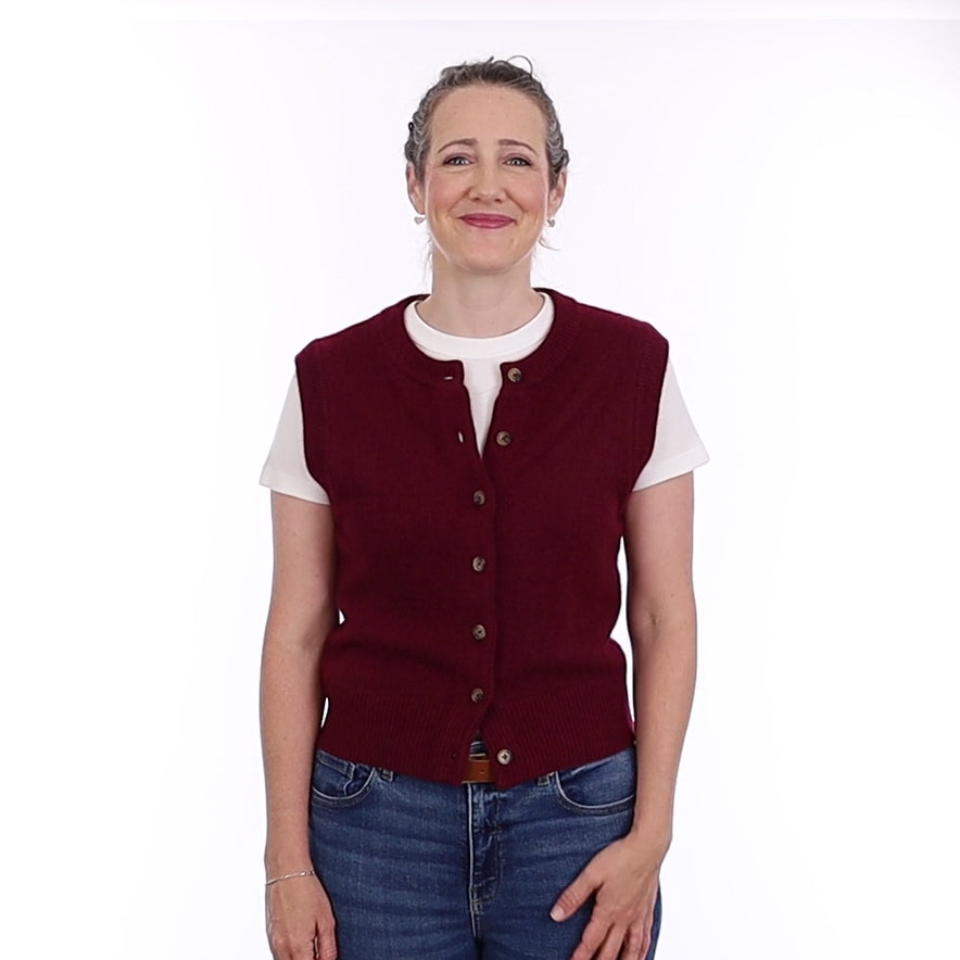 Brand New Wine Red Luxury Cashmere Crew Neck Waistcoat Small UK 8-10