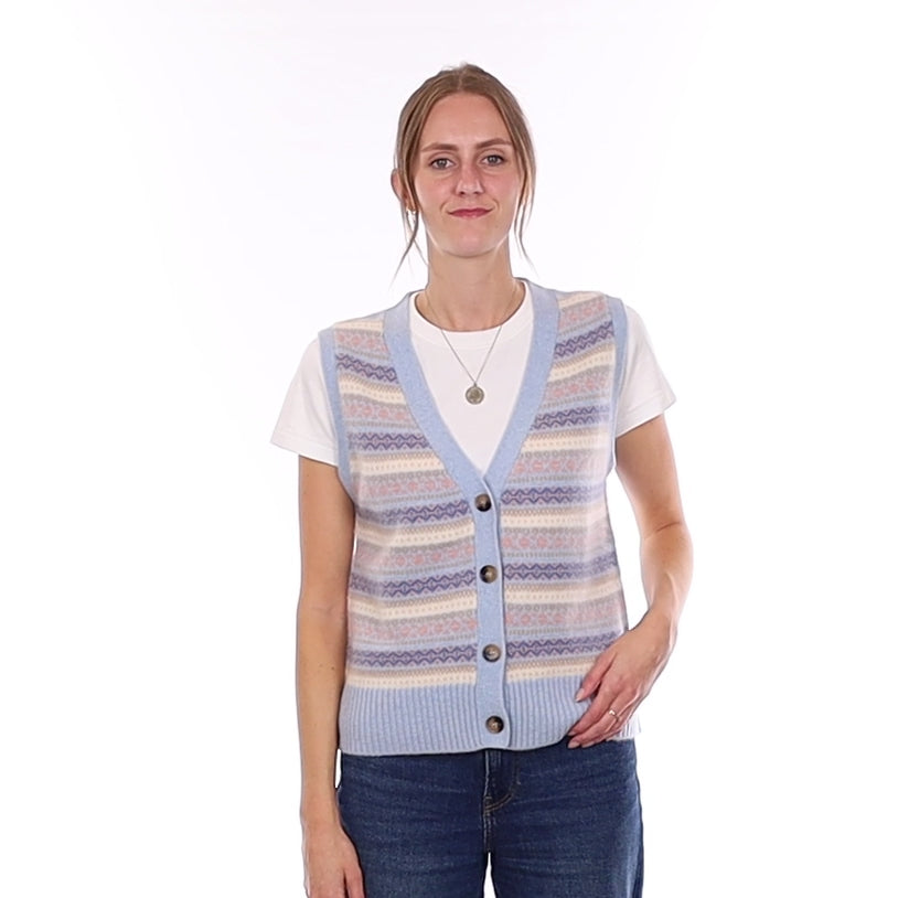 Brand New Baby Blue and Shell Pink Fair Isle Luxury Cashmere V Neck Waistcoat Small UK 8-10