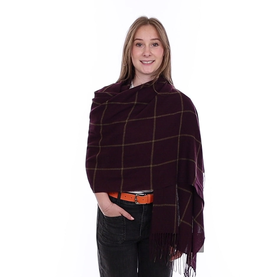 Brand New British Aubergine and Camel Check Luxury Woven Cashmere Pashmina