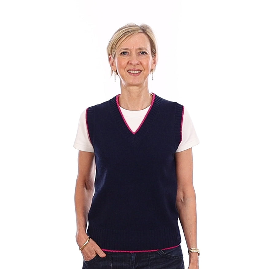 Brand New Navy and Hot Pink Luxury Cashmere V Neck Tank Top Extra Small UK 6-8