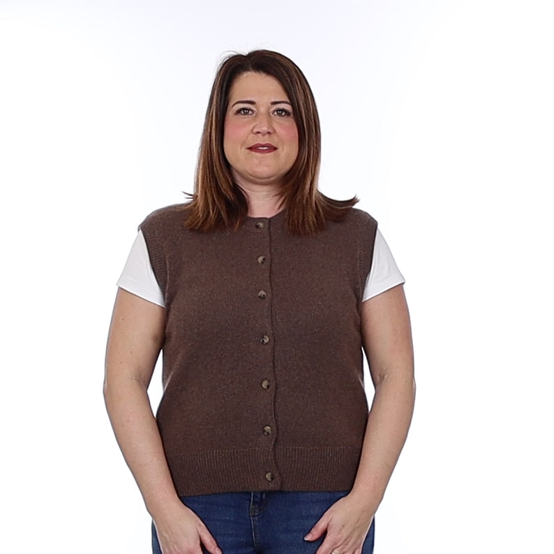 Brand New Mocha Luxury Cashmere Crew Neck Waistcoat Large UK 16-18