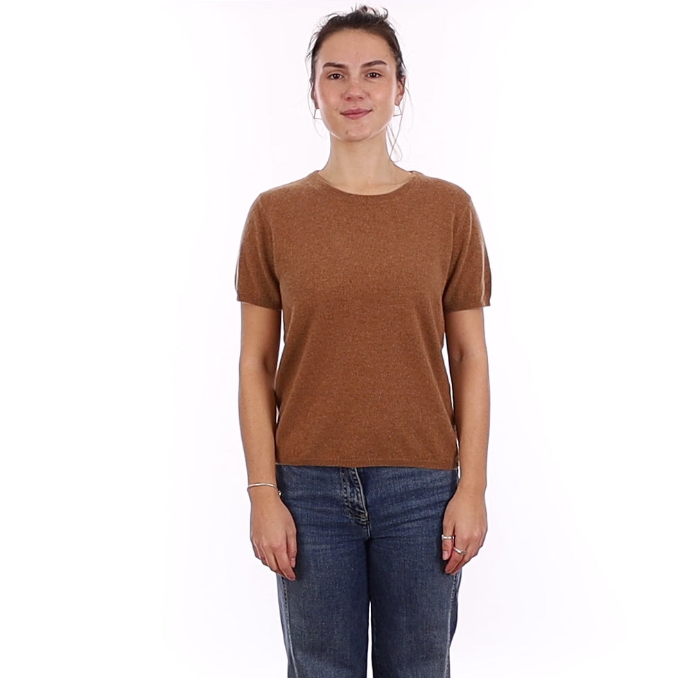 Brand New Harvest Brown Cashmere Crew Neck T-Shirt Extra Small UK 6-8