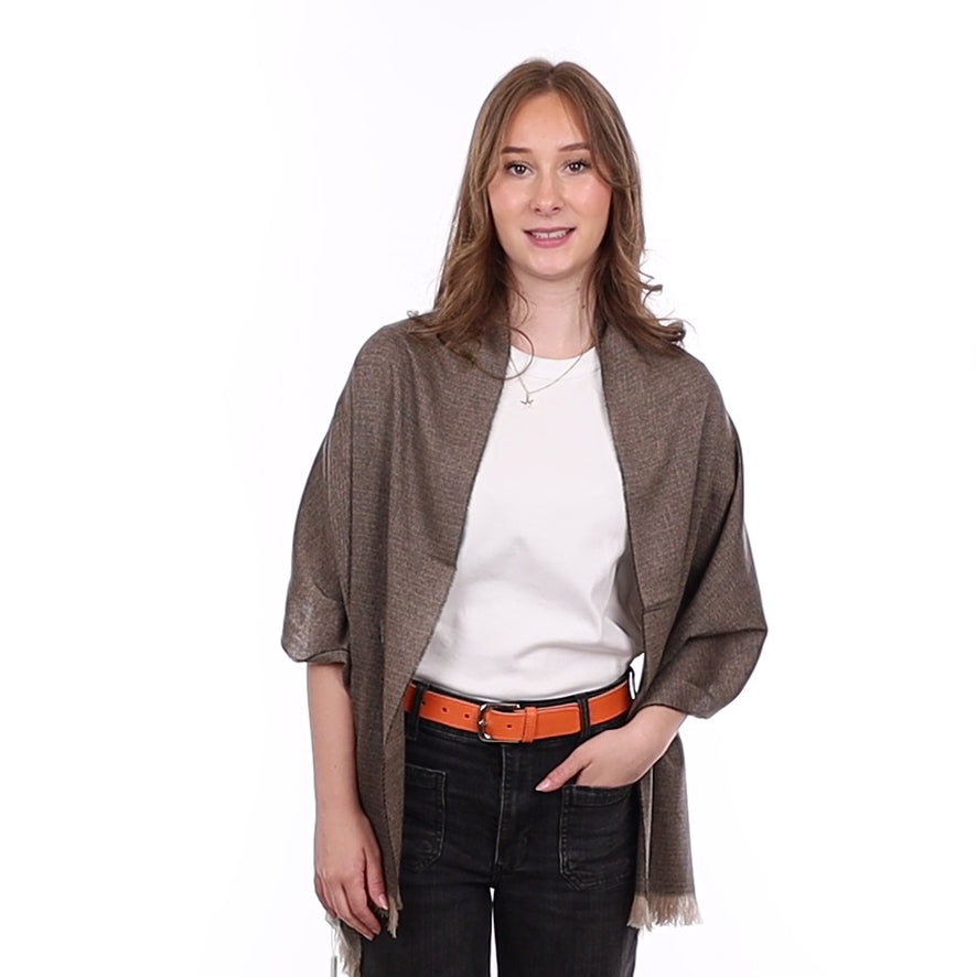 Brand New British Peppercorn & Fawn Herringbone Luxury Woven Cashmere Mini Wrap
