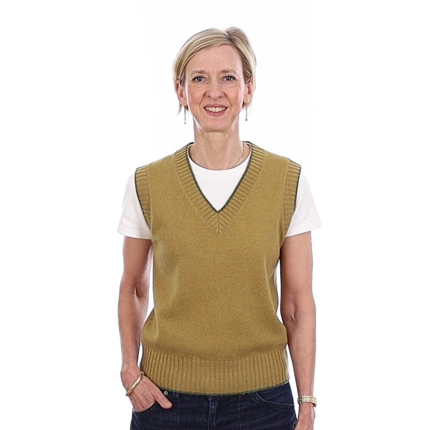 Brand New Mustard Gold and Olive Luxury Cashmere V Neck Tank Top Extra Small UK 6-8