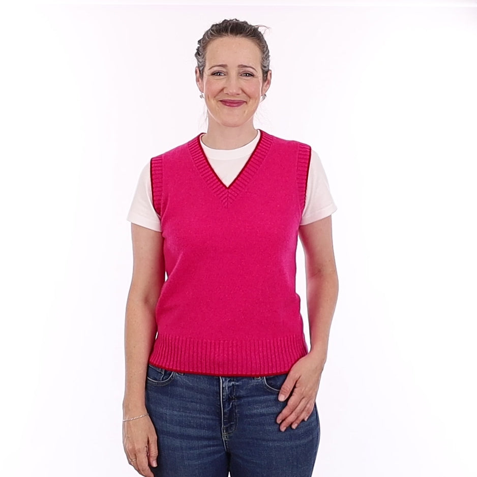 Brand New Hot Pink and Red Luxury Cashmere V Neck Tank Top Small UK 8-10