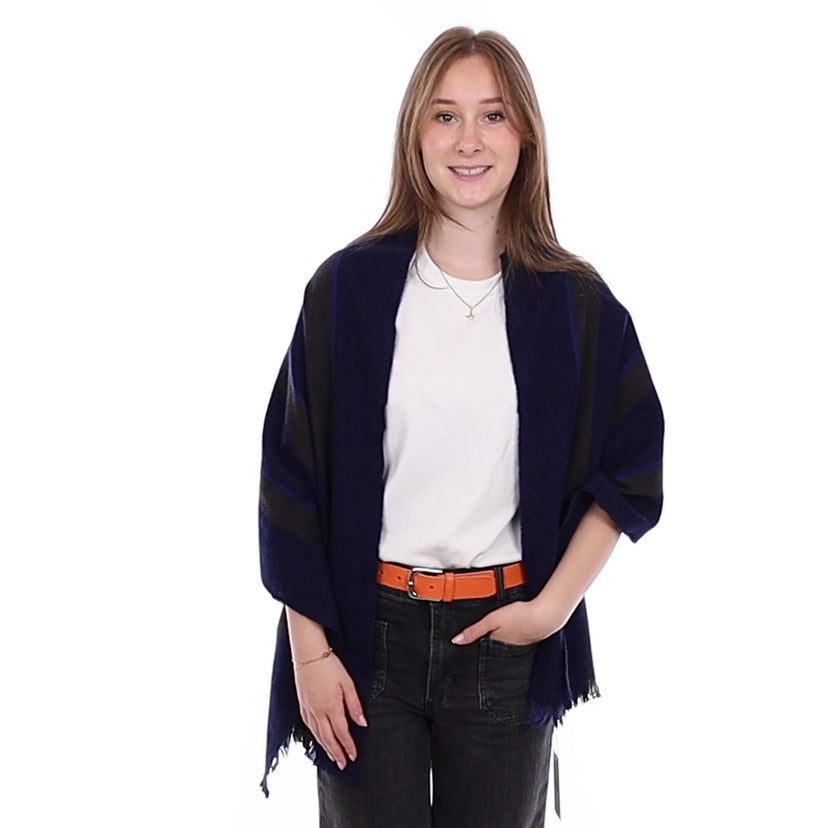 Brand New British Navy & Khaki Stripe Luxury Woven Cashmere Mini Wrap