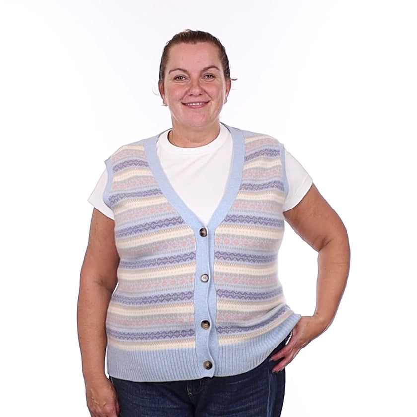 Brand New Baby Blue and Shell Pink Fair Isle Luxury Cashmere V Neck Waistcoat Extra Large UK 20-22