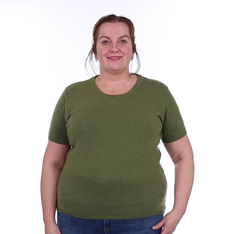Brand New Olive Green Cashmere Crew Neck T-Shirt Extra Large UK 20-22
