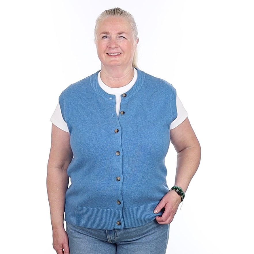 Brand New Mediterranean Blue Luxury Cashmere Crew Neck Waistcoat Extra Large UK 20-22