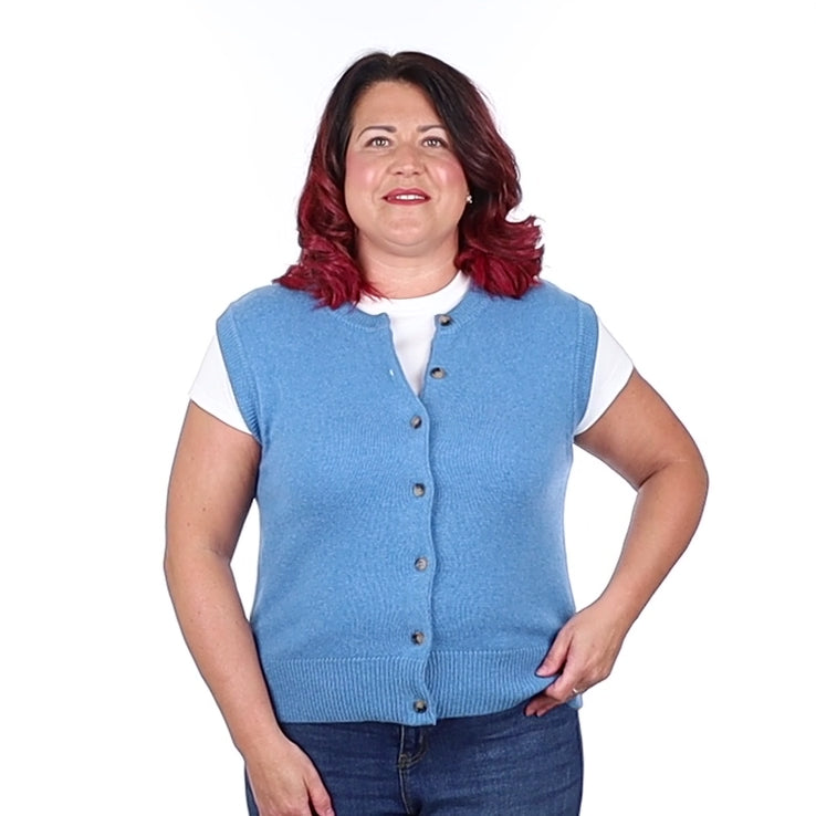 Brand New Mediterranean Blue Luxury Cashmere Crew Neck Waistcoat Large UK 16-18