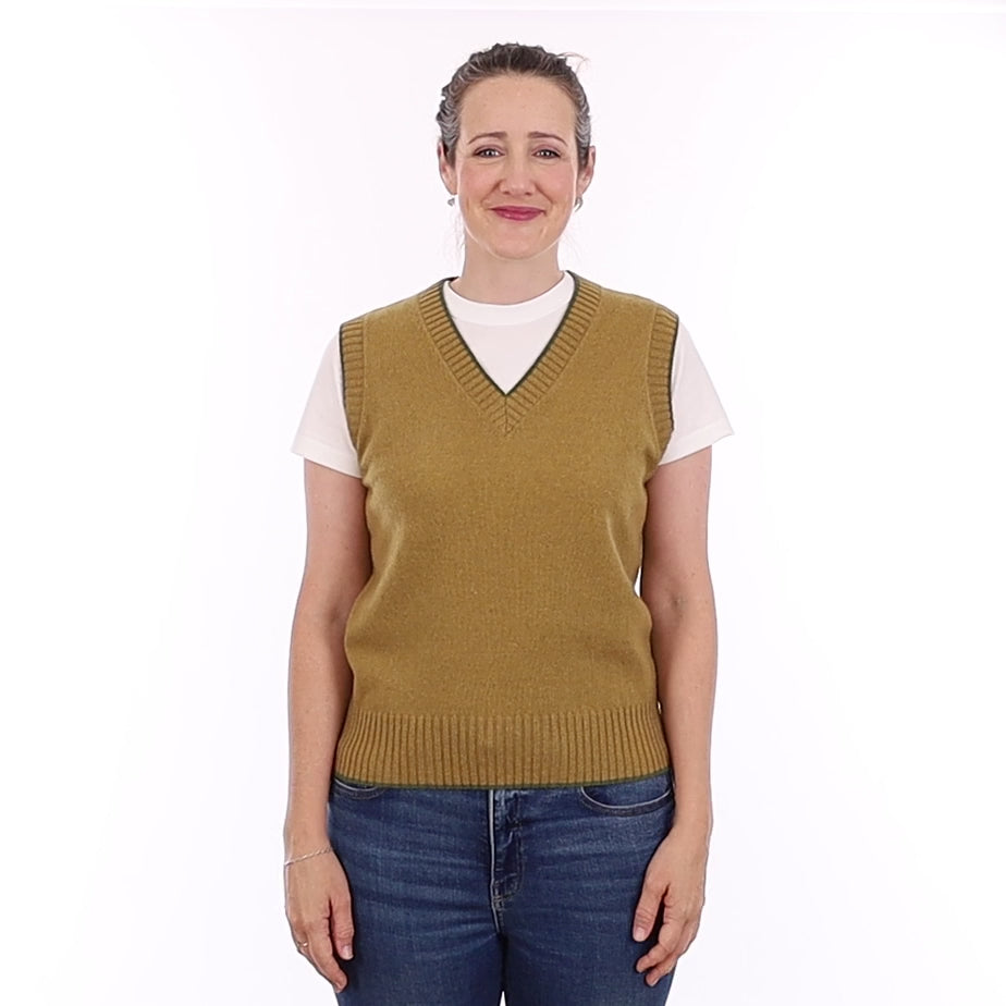 Brand New Mustard Gold and Olive Luxury Cashmere V Neck Tank Top Small UK 8-10