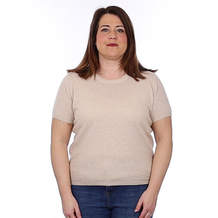 Brand New Sand Beige Cashmere Crew Neck T-Shirt Large UK 16-18