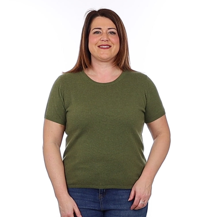 Brand New Olive Green Cashmere Crew Neck T-Shirt Large UK 16-18
