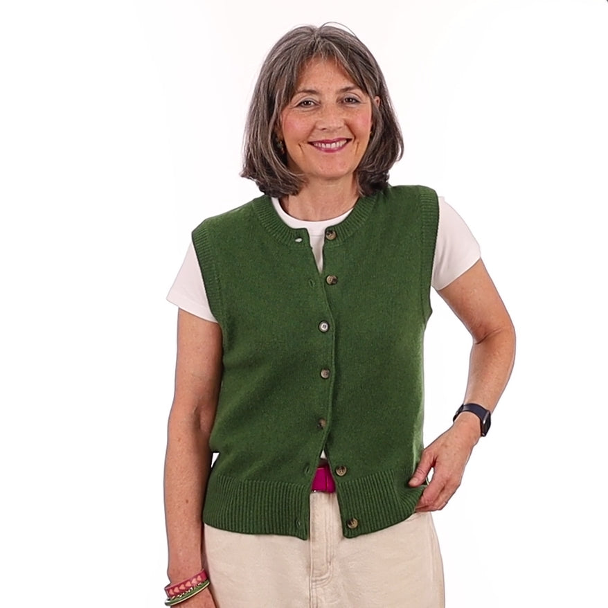 Brand New Willow Green Luxury Cashmere Crew Neck Waistcoat Medium UK 12-14