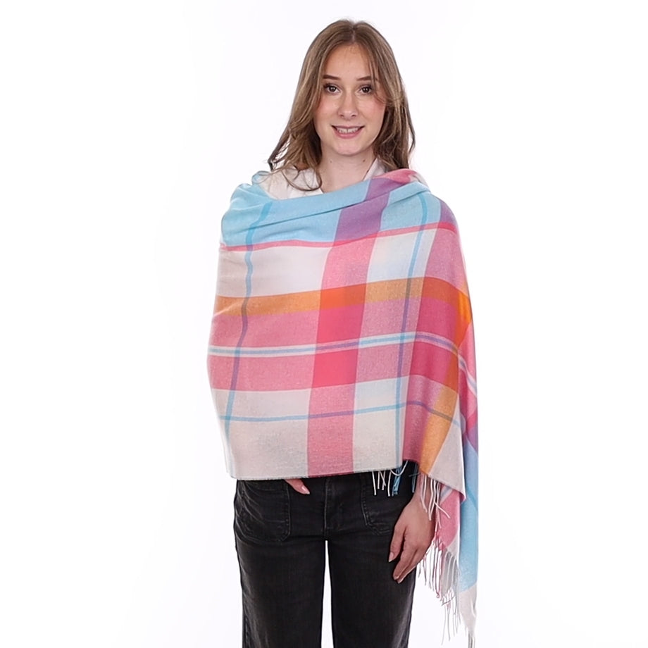Brand New British Coral & Aqua Plaid Luxury Woven Cashmere Pashmina