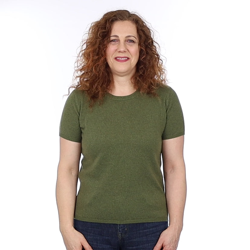 Brand New Olive Green Cashmere Crew Neck T-Shirt Medium UK 12-14
