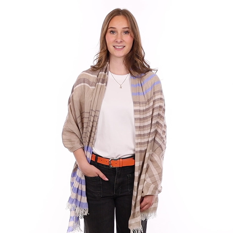 Brand New Scottish Mink and Sky Blue Luxury Woven Cashmere Crinkle Wrap