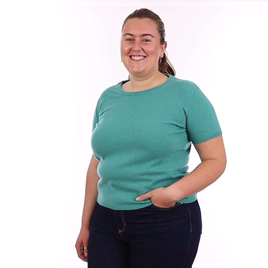 Brand New Lagoon Green Cashmere Crew Neck T-Shirt Large UK 16-18