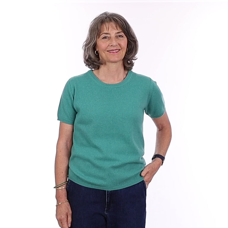 Brand New Lagoon Green Cashmere Crew Neck T-Shirt Medium UK 12-14