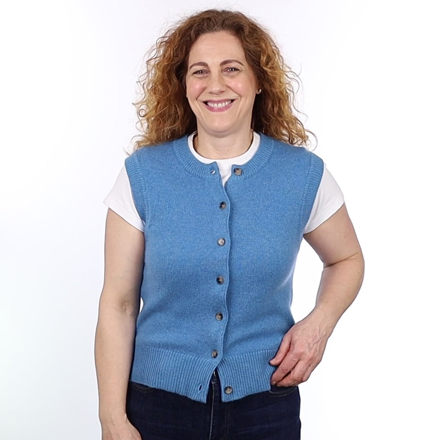 Brand New Mediterranean Blue Luxury Cashmere Crew Neck Waistcoat Medium UK 12-14