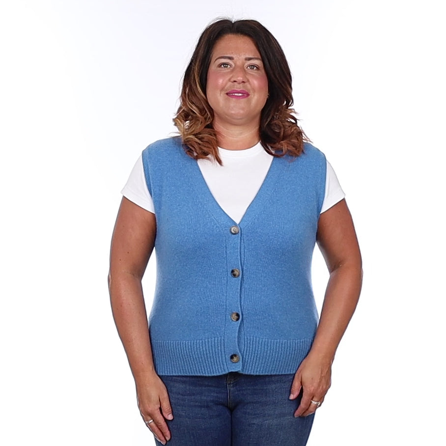 Brand New Mediterranean Blue Luxury Cashmere V Neck Waistcoat Large UK 16-18