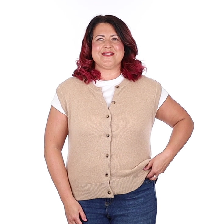 Brand New Caramel Luxury Cashmere Crew Neck Waistcoat Large UK 16-18