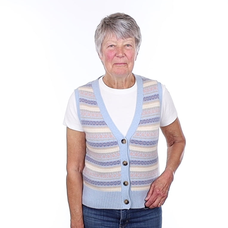 Brand New Baby Blue and Shell Pink Fair Isle Luxury Cashmere V Neck Waistcoat Medium UK 12-14